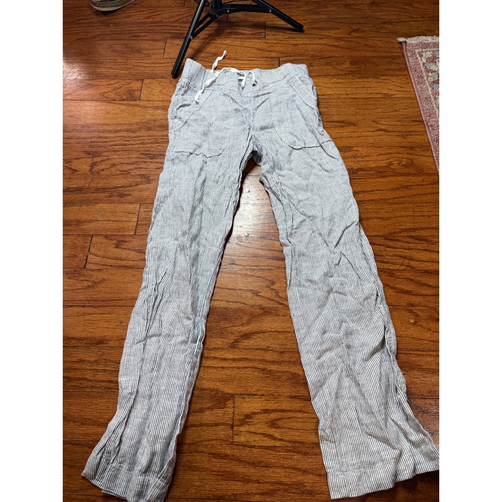 Athleta Blue White Striped Linen Blend Drawstring Wide Leg Pants Womens Size 0